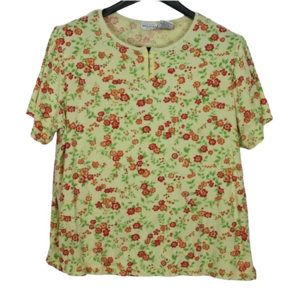 WHITE STAG Blouse Women 26 W Yellow Floral Peasant Boho Top Stretch Short Sleeve